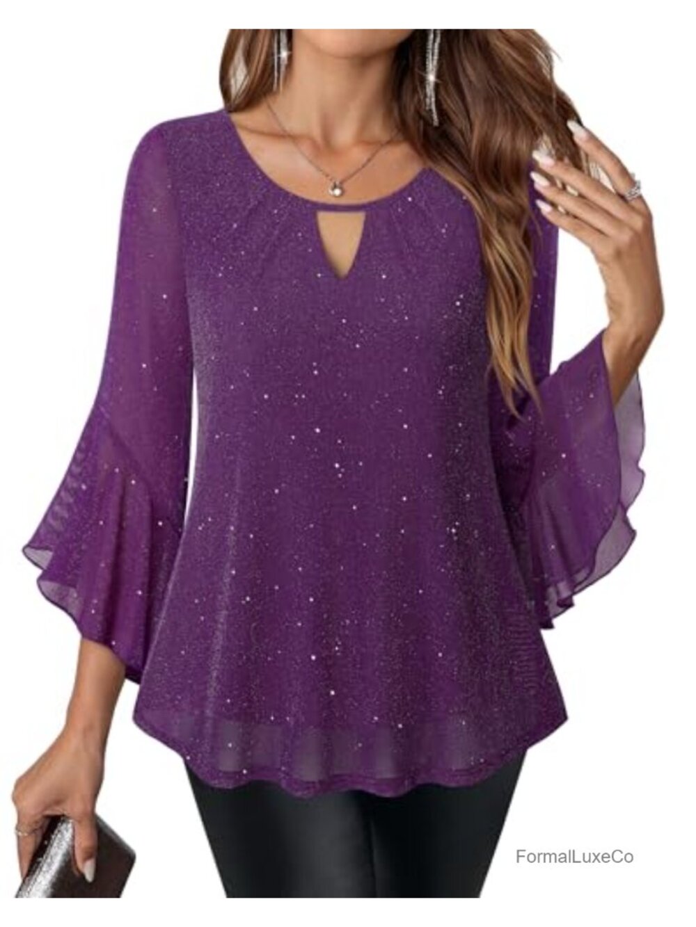 Sparkly Tunic Blouse, 3/4 Bell Sleeve, Ruffle Cuff, Glitter Evening Party Top